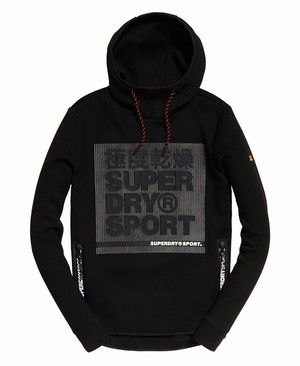 Superdry Gym Tech Stretch Graphic Overhead Férfi Kapucnis Pulóver Fekete | HGVOA8236